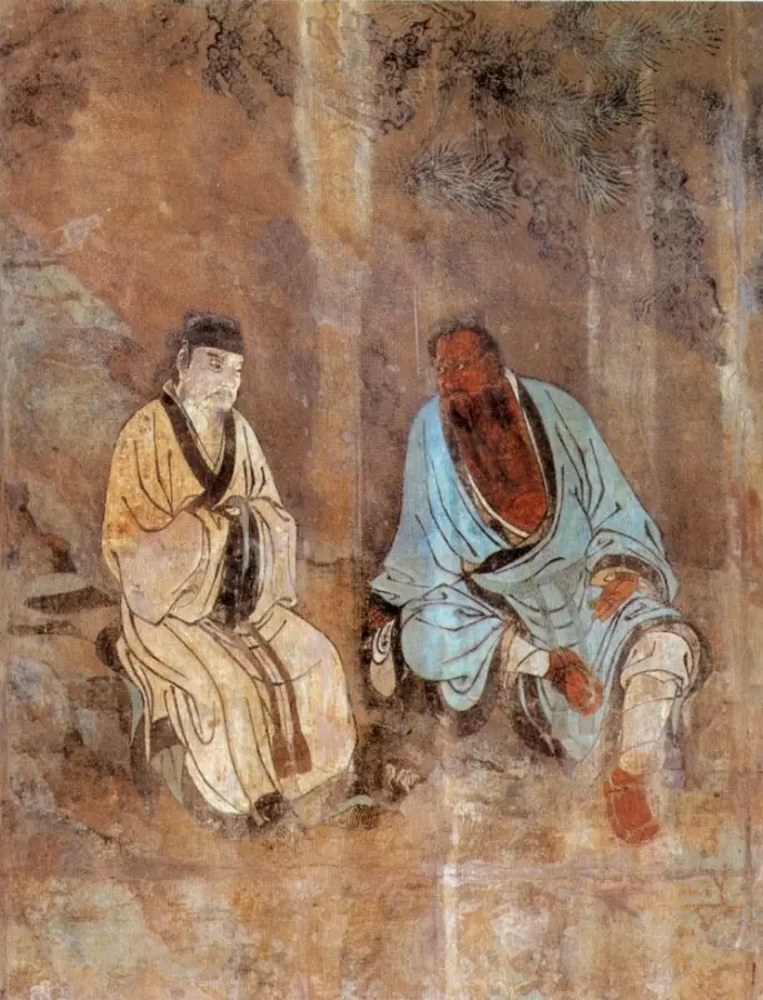 Yuan-dynasty mural in Chunyang Hall, Yongle Palace: Zhongli Quan instructing Lu Dongbin