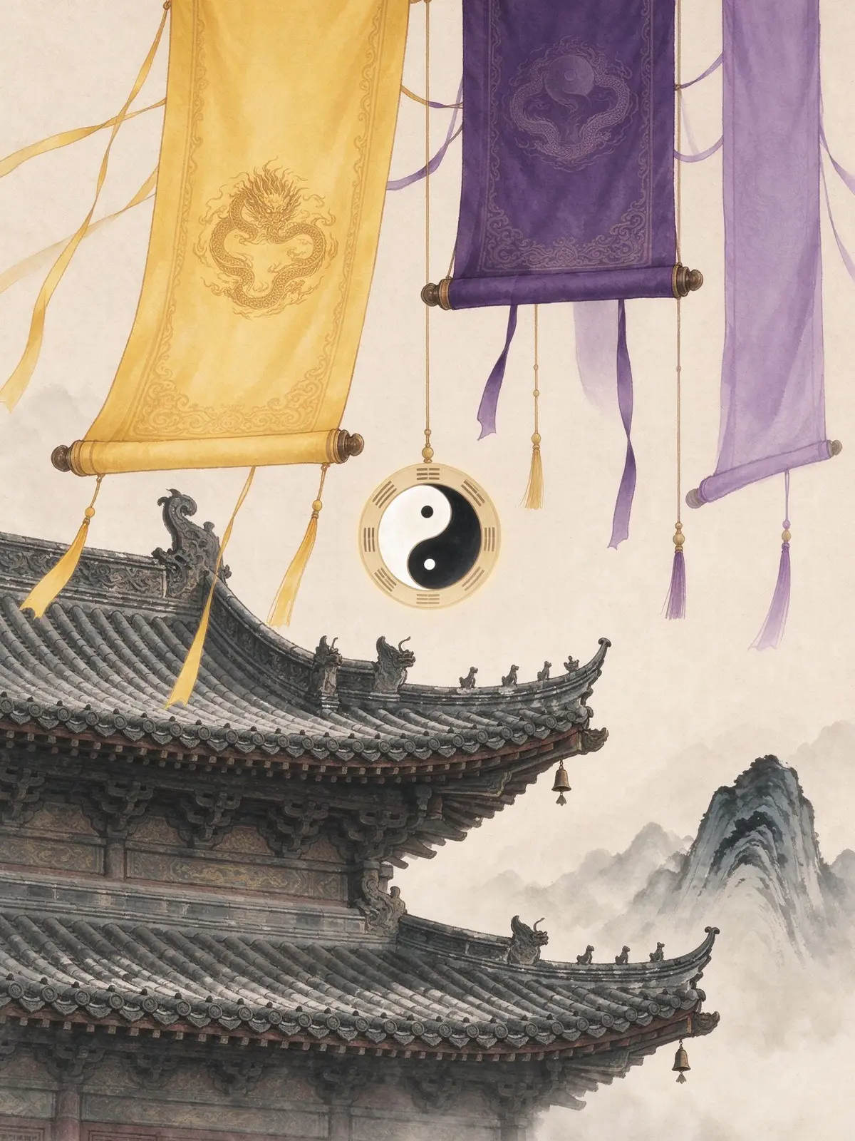 Illustration of a temple roof with hanging banners and taiji